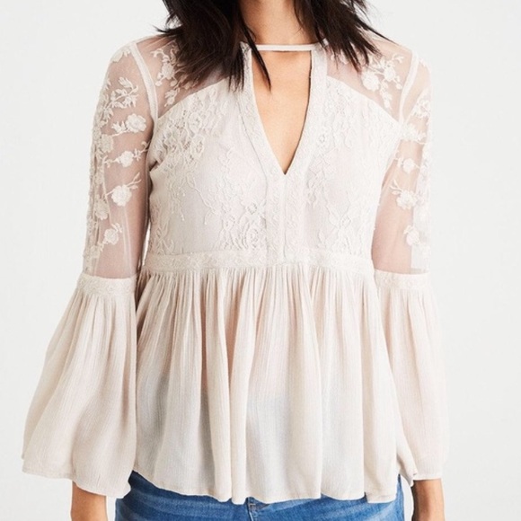 Free People Lace Peasant blouse long sleeves beige Size M New with tag - Picture 12 of 13